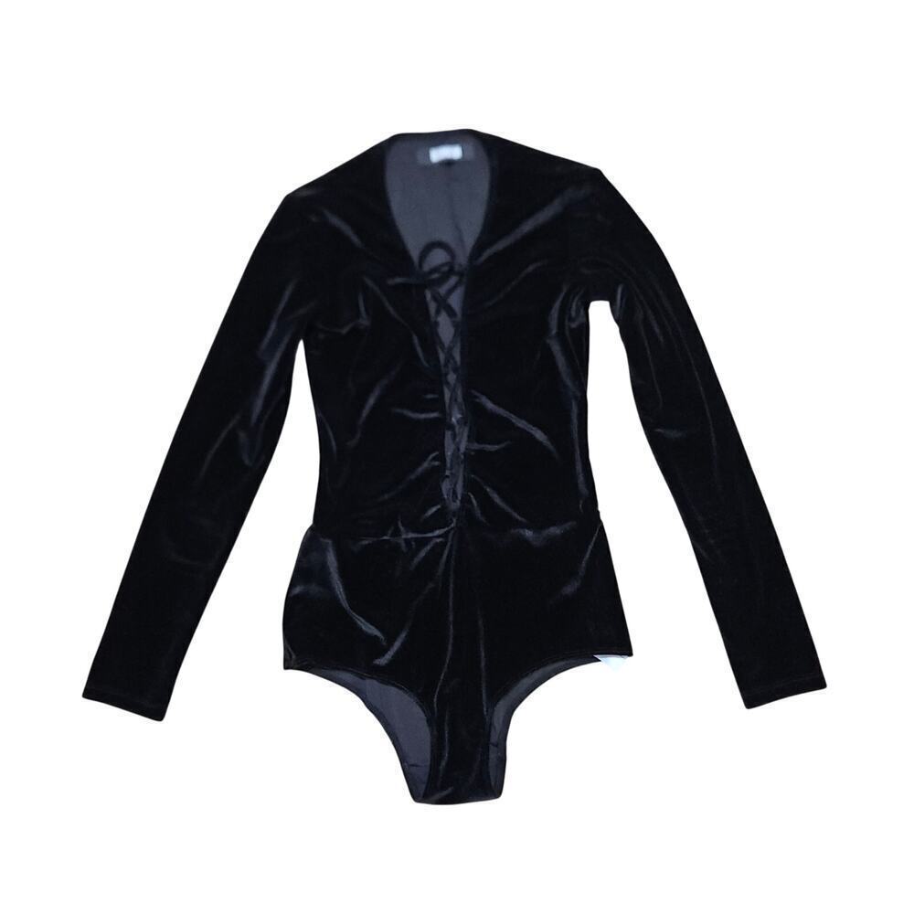 Reformation Velvet Avalon Bodysuit Black Long Sleeve Lace Front Size Small - Picture 2 of 7